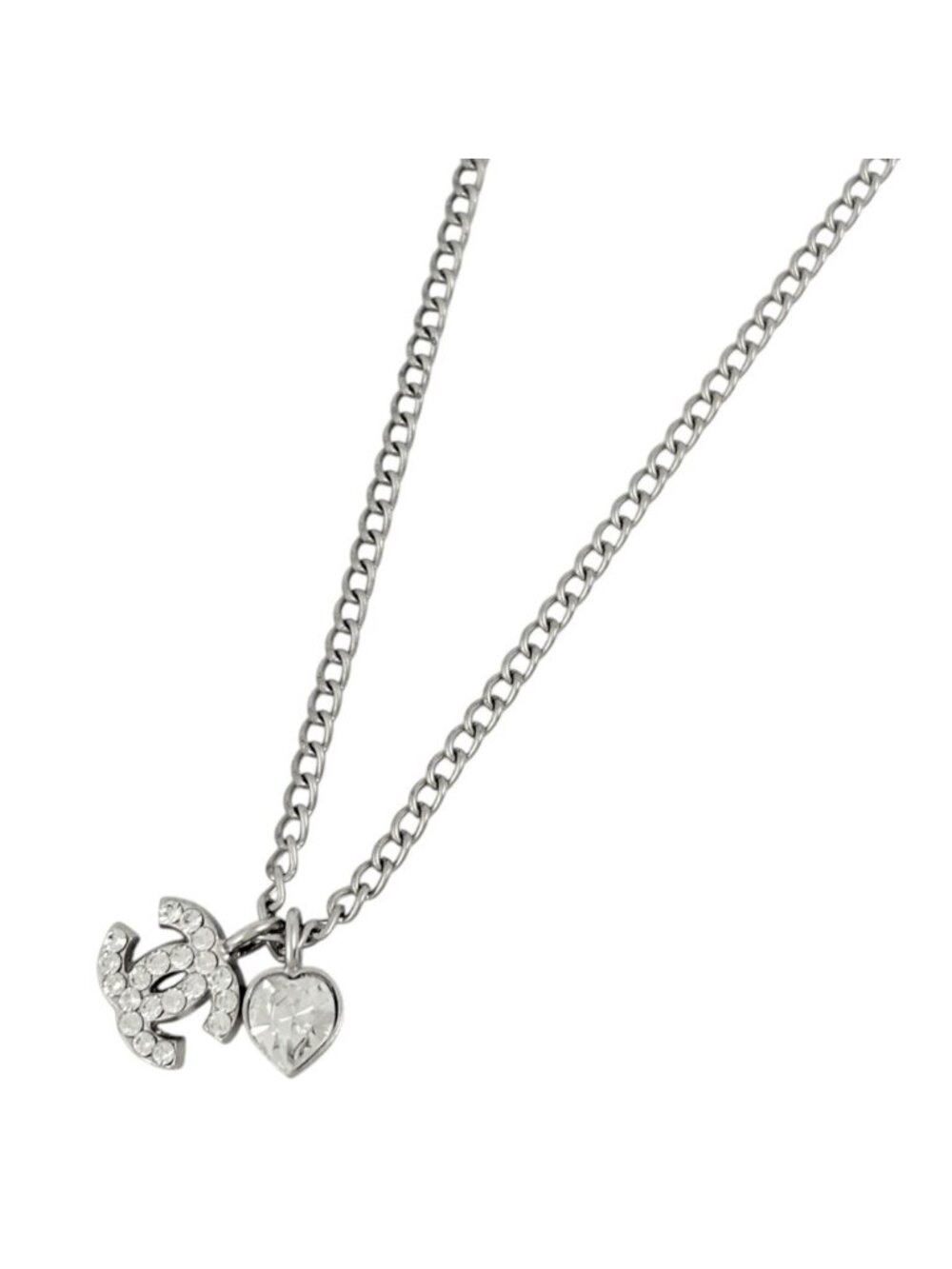 Chanel Necklace CC Logo Heart Silver Plated Rhinestone